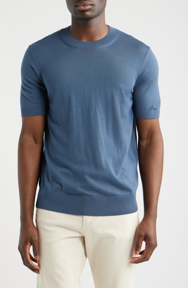 主任者 メンズ トップス プルオーバー 羊毛 編み物 BOSS Umauro Wool Knit-Shirt Open Blue 青色