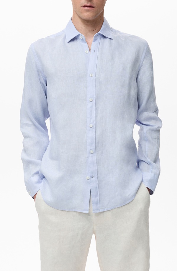 マンゴ メンズ トップス シャツ リネン MANGO Classic Fit Linen Button-Up Shirt Sky Blue ブルー
