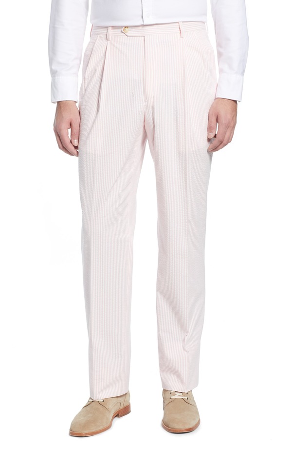 ベール メンズ ボトムス カジュアルパンツ プリーツ コットン Berle Pleated Seersucker Cotton Dress Pants Pink ピンク｜ReVida 店