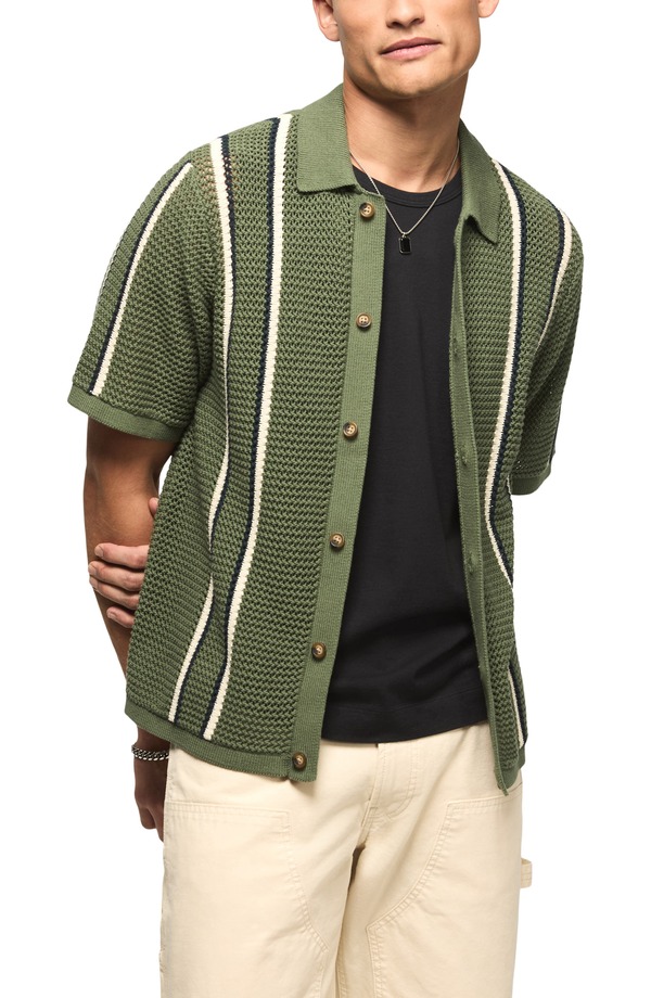 ラッキーブランド メンズ アウター パーカー・スウェット スウェーター 綿織物 Lucky Brand Stripe Short Sleeve Cotton Button-Up Sweater Laurel Wreath 縞模様