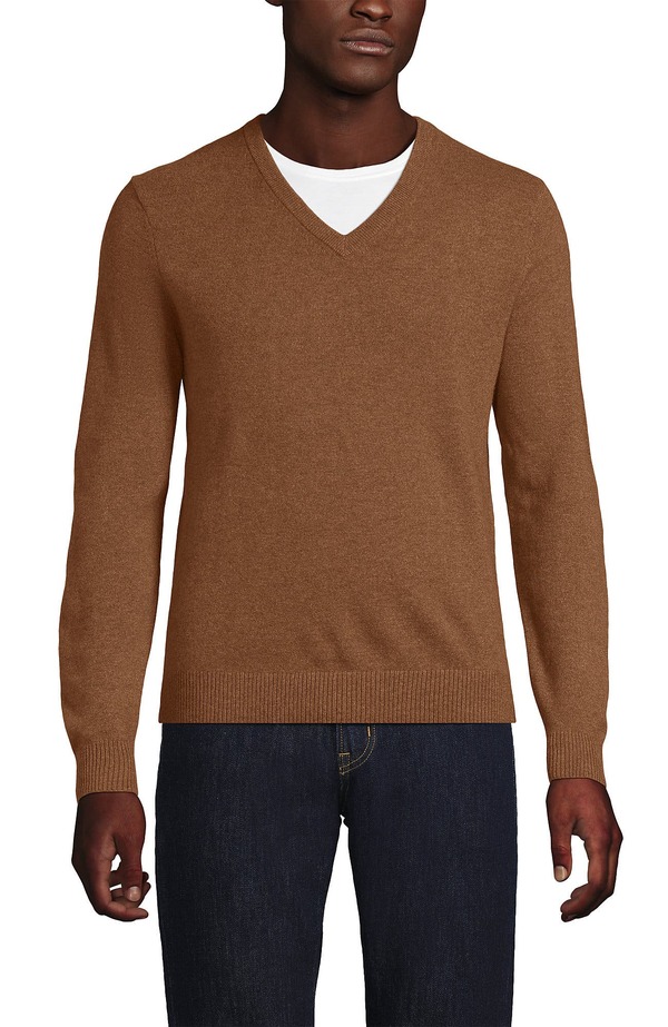 ランズエンド メンズ アウター パーカー・スウェット Vネック セーター Lands' End Fine Gauge Cashmere V-neck Sweater Fresh Nutmeg Heather ヘザー|ReVida 店