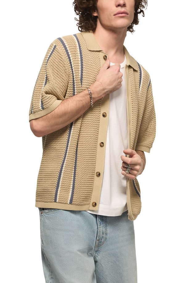 ラッキーブランド メンズ アウター パーカー・スウェット スウェーター 綿織物 Lucky Brand Stripe Short Sleeve Cotton Button-Up Sweater Tidal Foam 縞模様