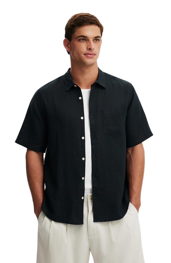 コットンオン メンズ トップス シャツ リネン Cotton Men's Relaxed Linen Short Sleeve Shirt Faded Black ブラック