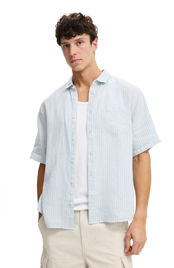 コットンオン メンズ トップス シャツ リネン Cotton Men's Relaxed Linen Short Sleeve Shirt Sky Blue Stripe ブルー