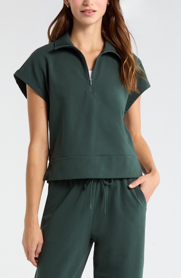 ゼラ レディース アウター パーカー・スウェット ハーフジップ パイル シャツ Zella Tempo Terry Half Zip Short Sleeve Sweatshirt Green Timber グリーン｜ReVida 店