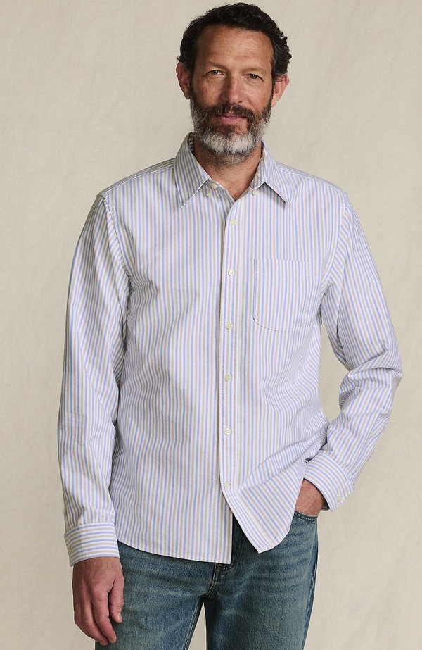 ランズエンド メンズ トップス シャツ オックスフォード Lands' End Traditional Fit Comfort-First Sail Rigger Oxford Shirt Clear Blue /Khaki Stripe ブルー