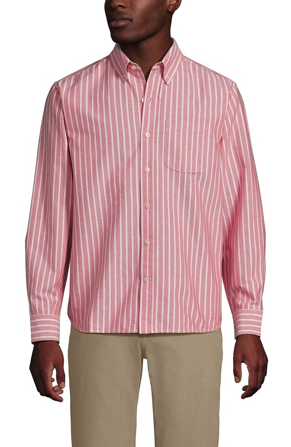 ランズエンド メンズ トップス シャツ オックスフォード Lands' End Traditional Fit Comfort-First Sail Rigger Oxford Shirt Pale Compass Red Stripe レッド