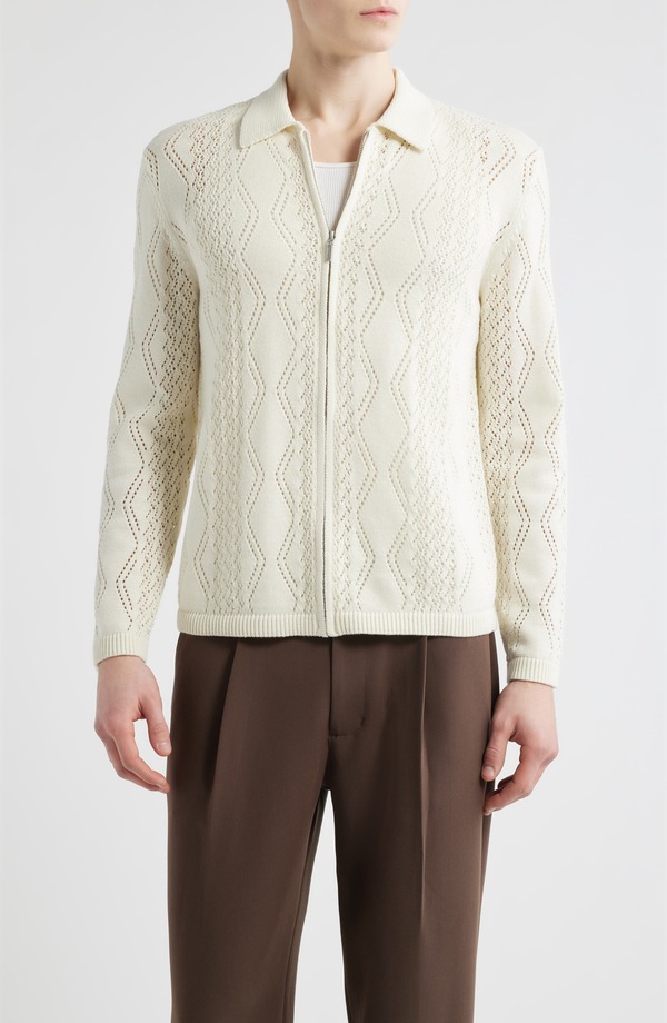 オープンエディット メンズ アウター パーカー・スウェット コットン カーディガン Open Edit Cotton Pointelle Zip Cardigan Ivory Egret アイボリー