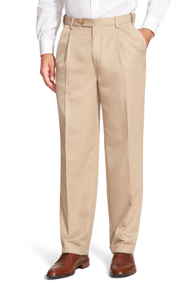 頭を覆う物 メンズ ボトムス 心地好いズボン下 筋目 Berle Self Sizer Waist Pleated Classic Fit Microfiber Trousers Tan タン