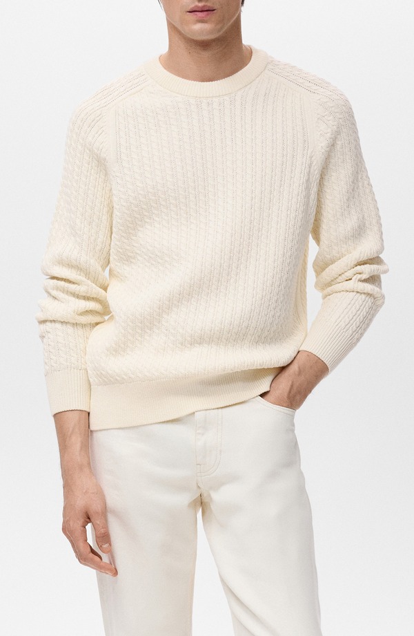マンゴ メンズ アウター パーカー・スウェット 労働者の一団のど首 スウェーター 綿織物 MANGO Cabled Cotton Crewneck Sweater Off White 象牙色
