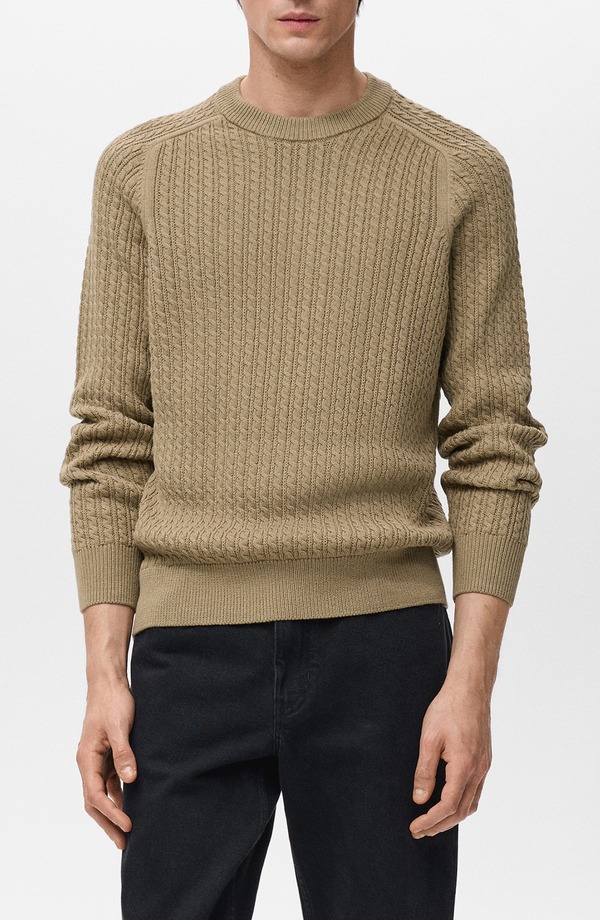 マンゴ メンズ アウター パーカー・スウェット 労働者の一団のど首 スウェーター 綿織物 MANGO Cabled Cotton Crewneck Sweater Sand 沙子