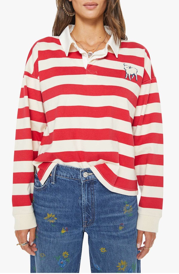 マザー レディース トップス シャツ コットン MOTHER The Boxy Match Stripe Cotton Rugby Shirtango Red レッド