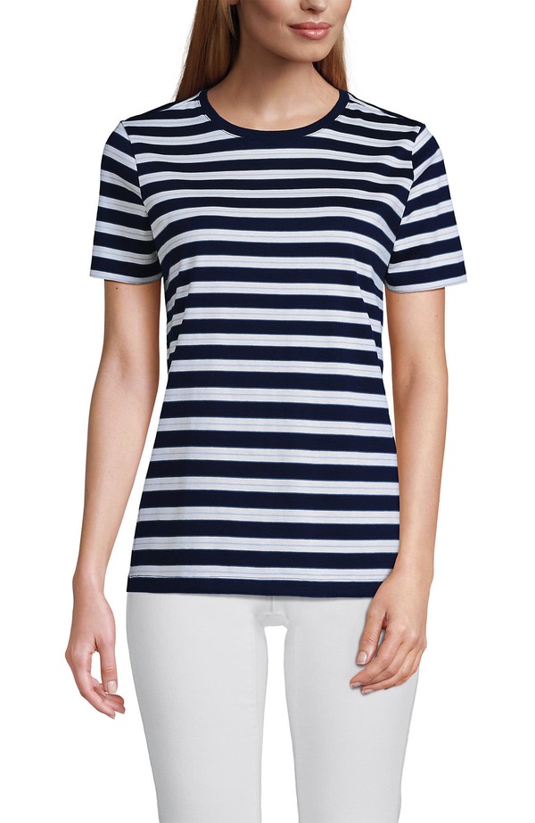 ランズエンド レディース トップス Tシャツ クルーネック コットン Lands' End Supima Cotton Crewneck T-Shirt Deep Sea/Blue Multi Stripe ブルー｜ReVida 店 8,986円