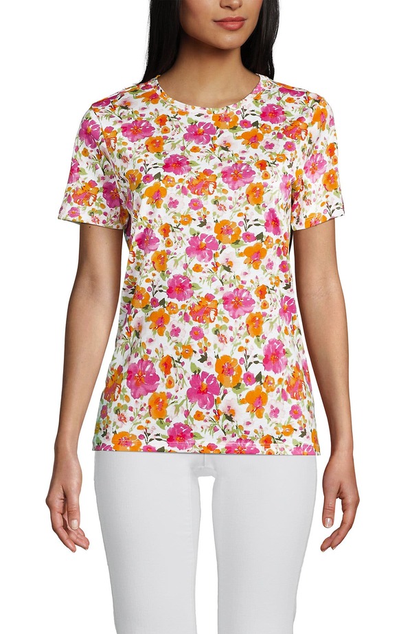 ランズエンド レディース トップス Tシャツ クルーネック コットン Lands' End Supima Cotton Crewneck T-Shirt White Multi Painted Blooms ホワイト