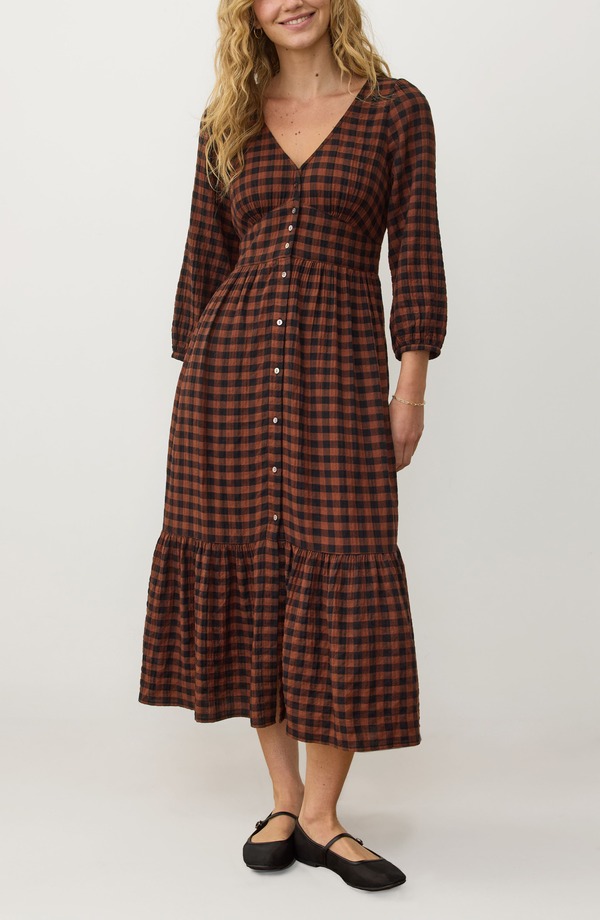 マリーン レイヤー レディース トップス ワンピース マキシ Marine Layer Maeve Plaid Long Sleeve Maxi Dress Espresso Gingham チェック