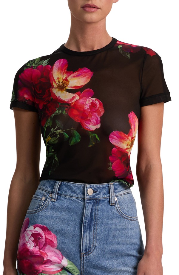 アリス アンド オリビア レディース トップス Tシャツ フラワー柄 メッシュ フラワー Alice + Olivia Tess Floral Mesh T-Shirt Empress Bloom Black ブラック