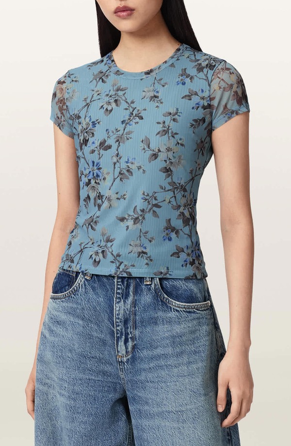 オールセインツ レディース トップス Tシャツ フラワー柄 メッシュ フラワー AllSaints Ellie Floral Mesh T-Shirt Vine Lake Blue ブルー