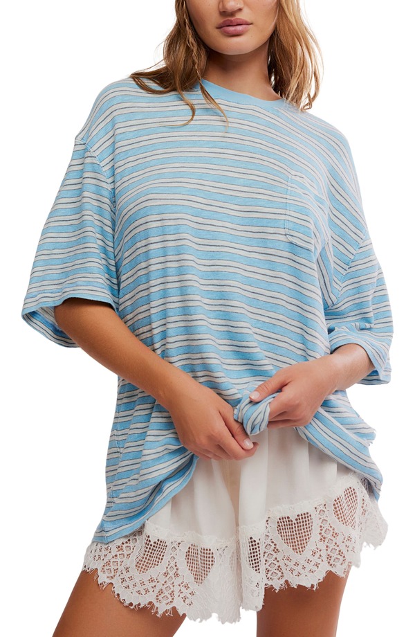 フリーピープル レディース トップス プルオーバー 綿織物 Free People Allover Stripe Cotton T-Shirt Blissful Blue Combo 青色