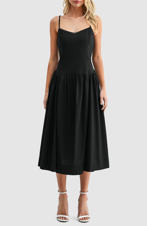 オールインフボール レディース トップス ワンピース ミディ コットン リネン All in Favor Drop Waist Cotton & Linen Midi Dress Black ブラック｜ReVida 店 17,610円