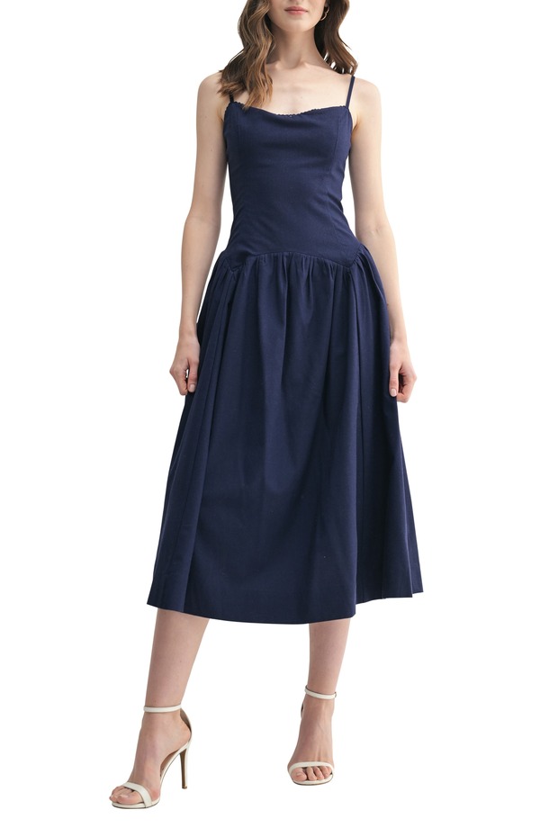 オールインフボール レディース トップス ワンピース ミディ コットン リネン All in Favor Drop Waist Cotton & Linen Midi Dress Navy ネイビー