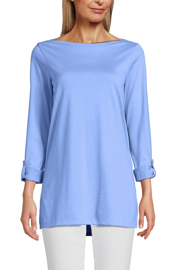 ランズエンド レディース トップス シャツ コットン Lands' End Supima Cotton Adjustable 3/4 Sleeve Boatneck Tuniclear Blue Sky ブルー｜ReVida 店