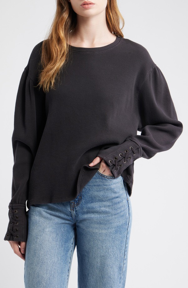 フリーピープル レディース アウター パーカー・スウェット 綿織物 スピード競技 Free People Lapis Lace-Up Cuff Cotton Thermal Top Black 黒いこと トップス-レディースファッション-パーカー