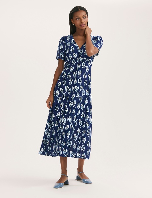 ファイナリー 英国の首都 レディース トップス 衣裳 縮緬リント MIDI Finery London Martina Printed Crepe Midi Dress Navy Woodblock 米国海軍 レディースファッション-ワンピース