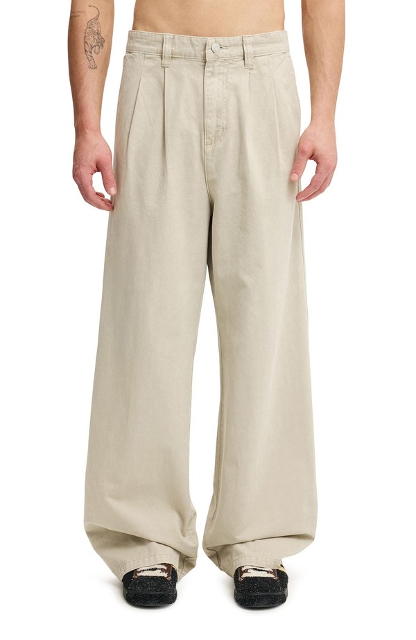 コットンオン メンズ ボトムス カジュアルパンツ プリーツ Cotton Men'super Baggy Pleated Pant Stone ストーン
