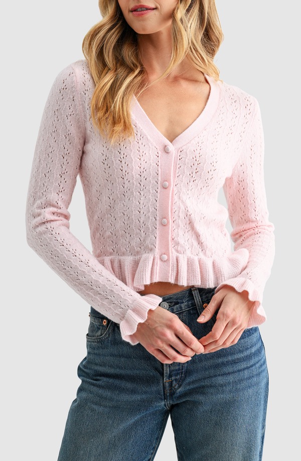 オールインフボール レディース アウター パーカー・スウェット フラウンス裾 フラウンス ジレー All インチ Favor Pointelle Ruffle Hem Crop Cardigan Light Blush 毛はらい