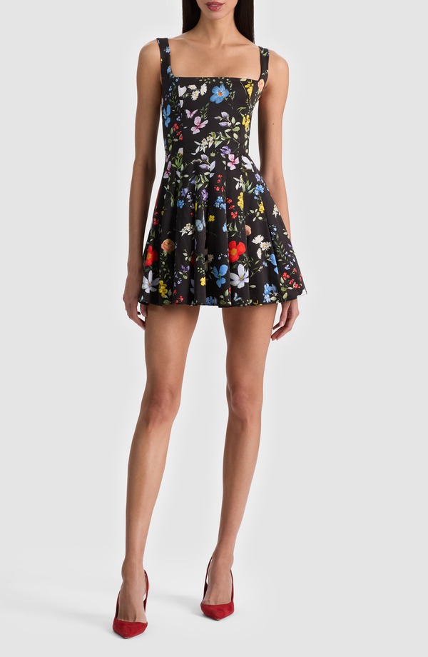 アリス アンド オリビア レディース トップス ワンピース フラワー柄 プリーツ ミニ コットン フラワー Alice + Olivia Veda Floral Pleated Stretch Cotton Minidress Twisting Vines Black ブラック 61,490円