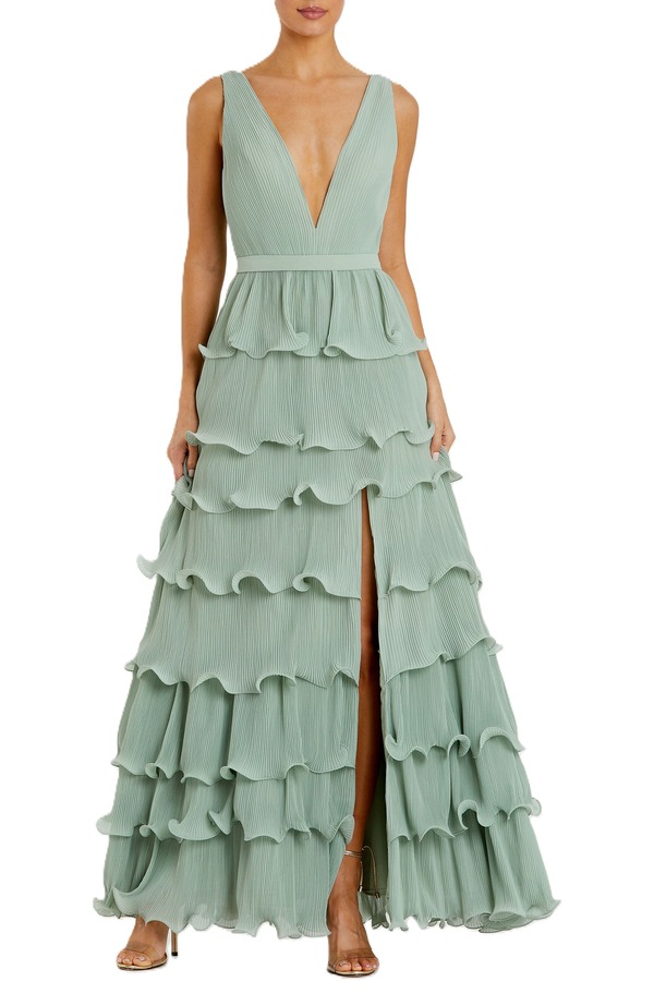 マックダガル レディース トップス ワンピース Vネック ティアード フリル ノースリーブ Mac Duggal Sleeveless Ruffle Tiered V Neck Gown Sage セージ｜ReVida 店