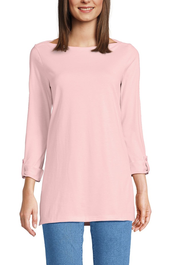 ランズエンド レディース トップス シャツ コットン Lands' End Supima Cotton Adjustable 3/4 Sleeve Boatneck Tunic Sea Salt Pink ピンク｜ReVida 店