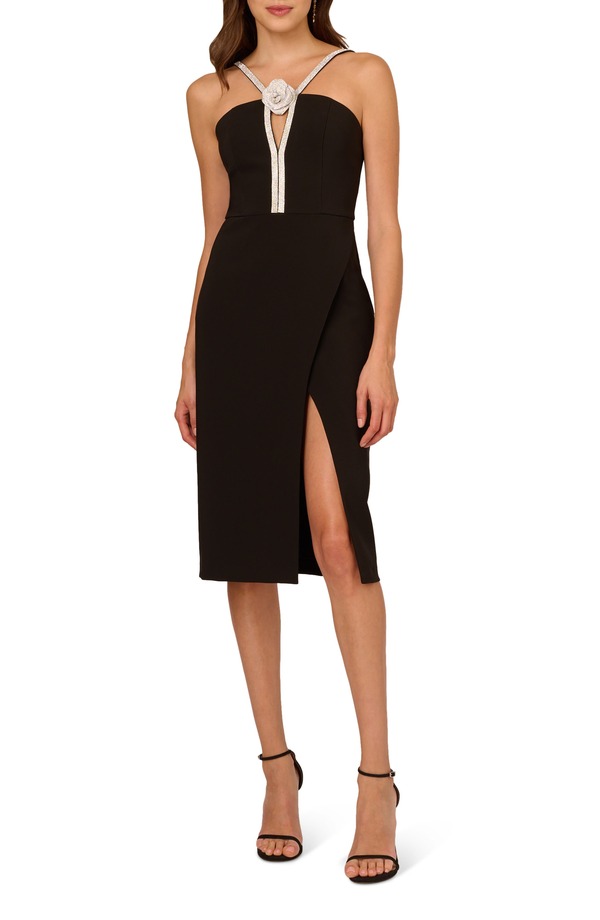 アドリアナ パペル レディース トップス ワンピース ミディ ホルター Adrianna Papell Rhinestone Rosette Halter Midi Sheath Dress Black ブラック