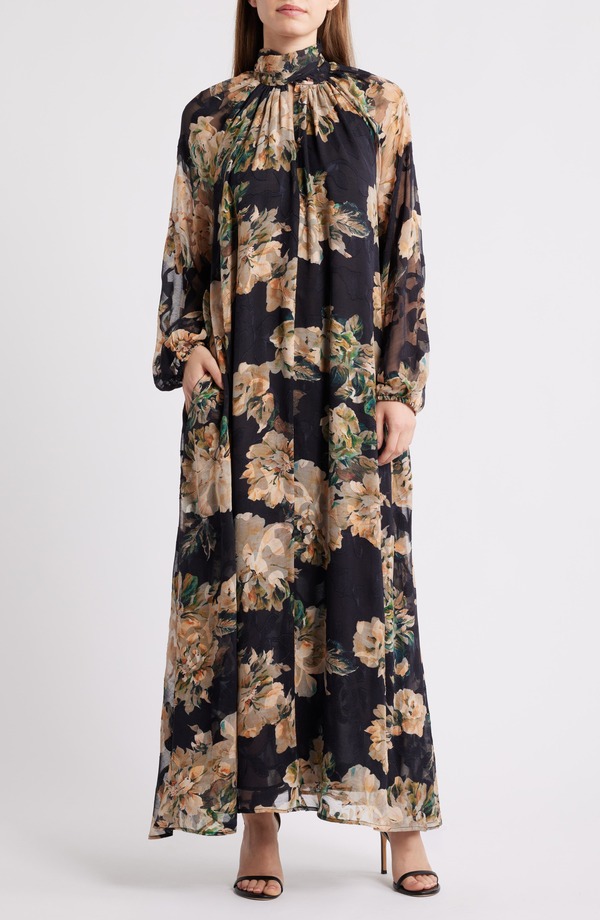 メロデイ レディース トップス ワンピース マキシ MELLODAY Botanical Tie-Neck Maxi Dress Black Peach Floral ブラック