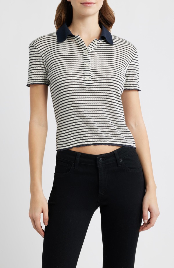 フレーム レディース トップス ポロシャツ FRAME Stripe Cropointelle Polo Navy Multi ネイビー