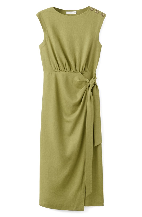 マンゴ レディース ボトムス カジュアルパンツ ミディワンピース ミディ リネン MANGO Linen Blend Midi Dress Olive Green グリーン｜ReVida 店