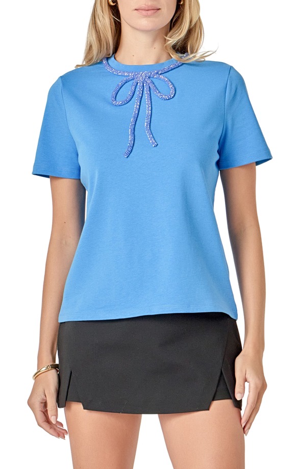 イングリッシュファクトリー レディース トップス Tシャツ コットン English Factory Beaded Bow Cotton T-Shirt Blue ブルー