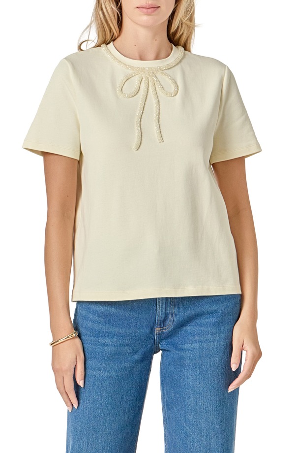 イングリッシュファクトリー レディース トップス Tシャツ コットン English Factory Beaded Bow Cotton T-Shirt Cream クリーム
