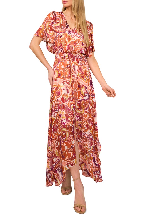 セセ レディース トップス ワンピース シャーリング マキシ CeCe Smocked Waist Flutter Sleeve Maxi Dress Wine ワイン