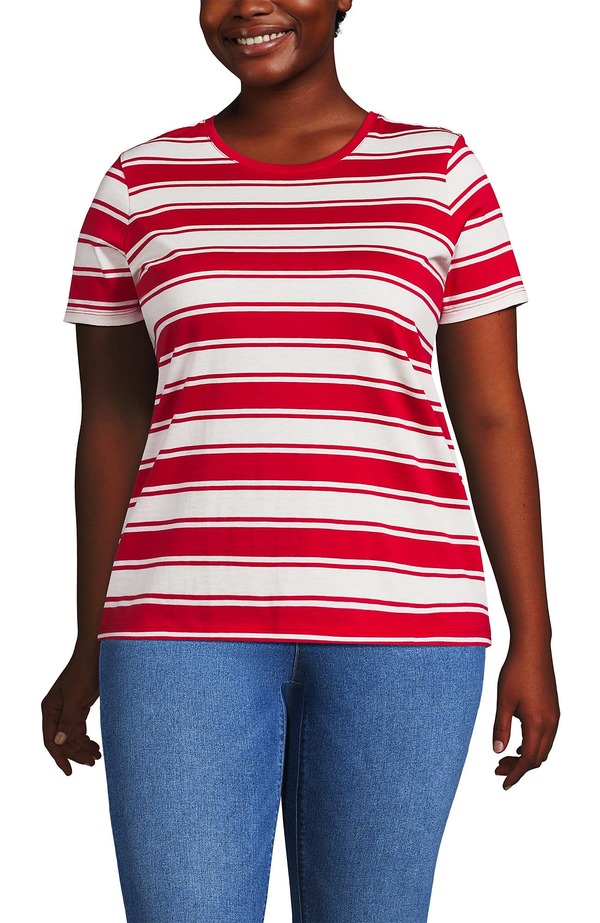 ランズエンド レディース トップス Tシャツ クルーネック コットン Lands' End Supima Cotton Crewneck T-Shirt Compass Red Sail Stripes レッド｜ReVida 店