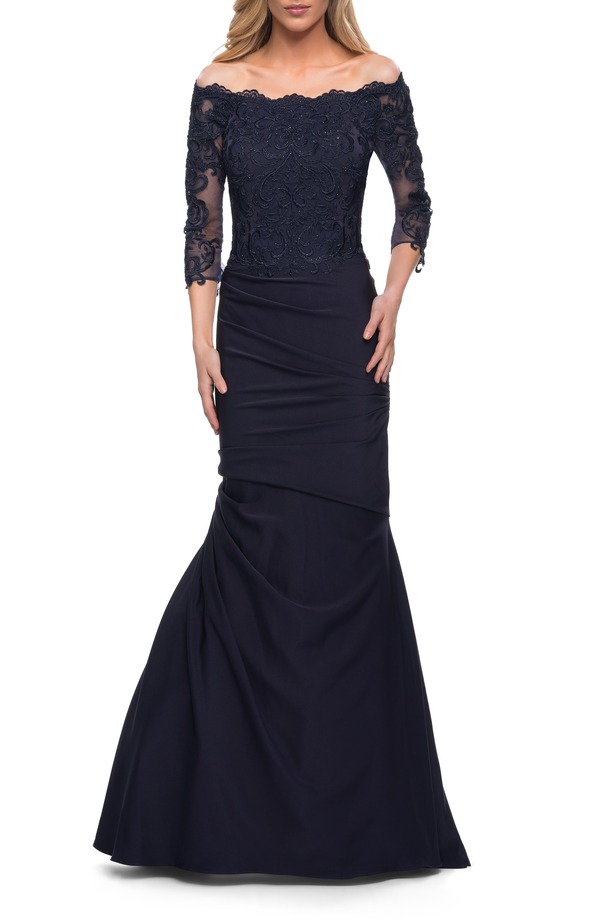 ラフェム レディース トップス ワンピース サテン レース La Femme Satin Mermaid Gown with Off the Shoulder Lace Bodice Navy ネイビー｜ReVida 店 77,440円