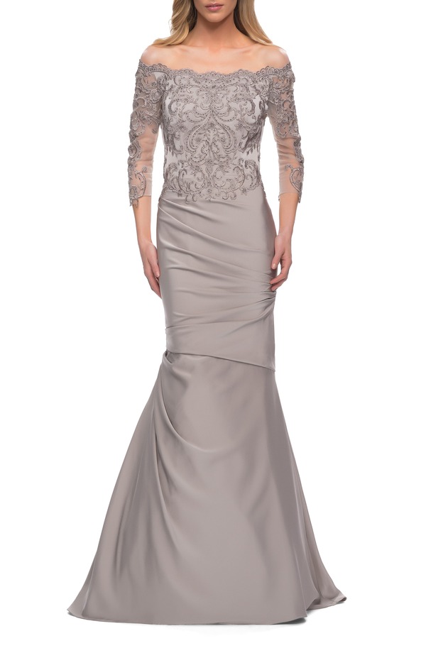 ラフェム レディース トップス ワンピース サテン レース La Femme Satin Mermaid Gown with Off the Shoulder Lace Bodice Silver シルバー｜ReVida 店