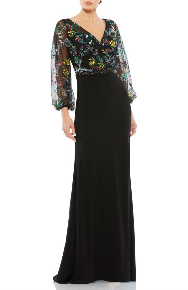 マックダガル レディース トップス ワンピース 刺繍 Mac Duggal Embroidered Illusion Puff Sleeve Column Gown Black Multi ブラック|ReVida 店