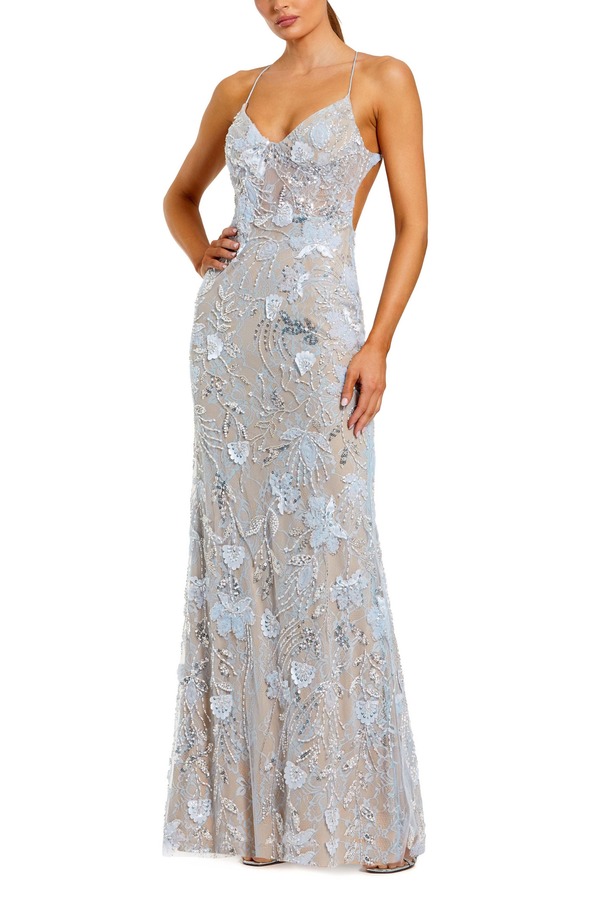 マックダガル レディース トップス ワンピース オープンバック フラワー柄 ノースリーブ 刺繍 フラワー Mac Duggal Floral Embroidered Sleeveless Open Back Gown Powder Blue ブルー｜ReVida 店