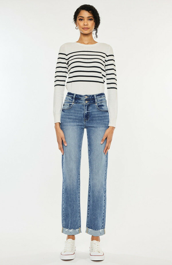 カンクン レディース ボトムス デニムパンツ ストレート ジーンズ KanCan Kianna Essentials High Rise Slim Straight Leg Jeans Medium Wash|ReVida 店