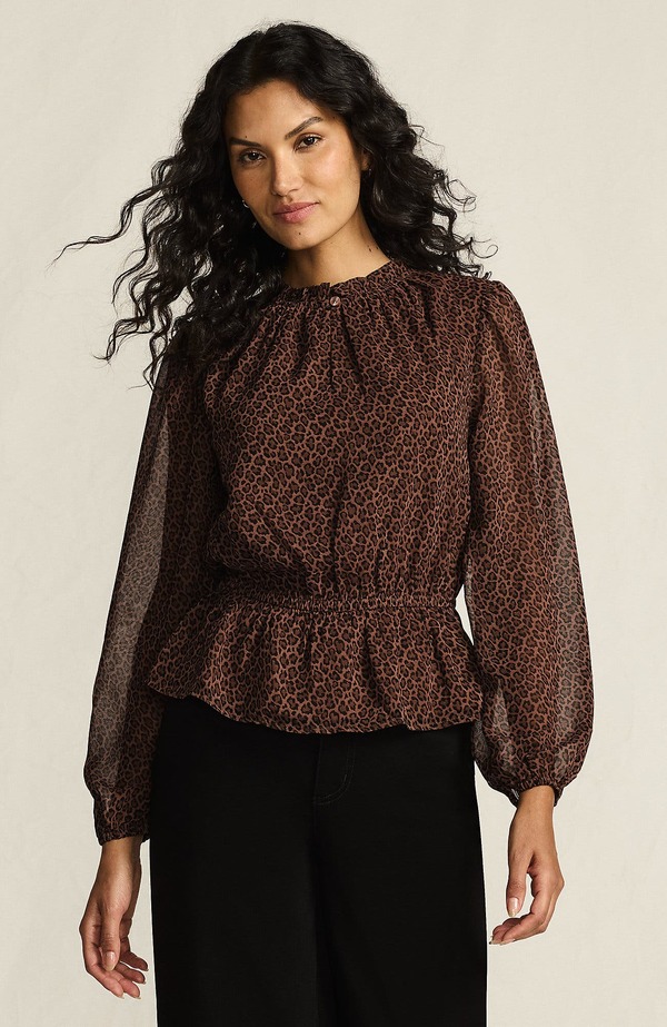 ランズエンド レディース トップス シャツ シフォン Lands' End Chiffon Peplum Top Dark Clay Animal Spots アニマル