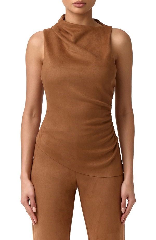 ネイキッドワードローブ レディース トップス シャツ アシンメトリー ギャザー スエード Naked Wardrobe Ruched Asymmetric Faux Suede Tank Mocha モカ｜ReVida 店
