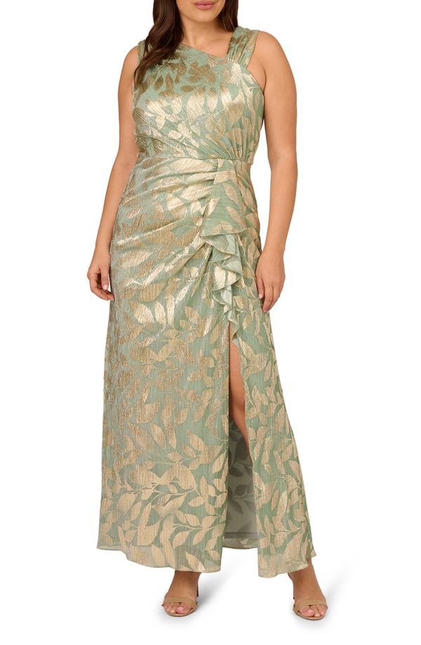 アドリアナ パペル レディース トップス ワンピース アシンメトリー トール Adrianna Papell Asymmetric Metallic Foileaf Gown Sage/ Gold セージ｜ReVida 店