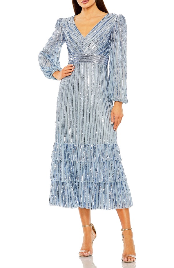 マックダガル レディース トップス ワンピース ティアード フリル スパンコール Mac Duggalong Sleeve Deep V Tiered Ruffle Sequin Dresslate Blue スレート