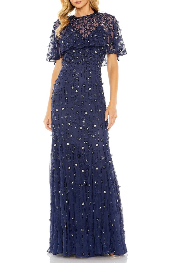 マックダガル レディース トップス ワンピース ケープデザイン キャップ ケープ Mac Duggal Women's Embellished Illusion Cape Sleeve Trumpet Gown Midnight